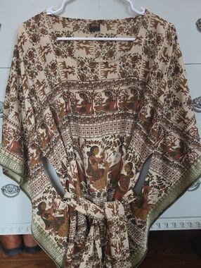 Boho Cream & Brown Printed Tie-Waist Tunic